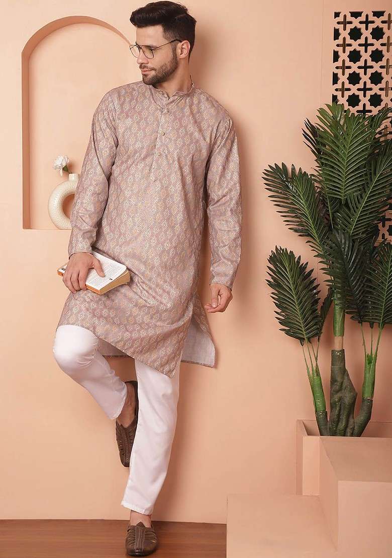 Peach Printed Poly Blend Kurta Set For Men - Indya