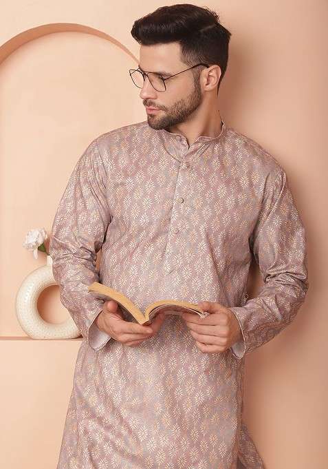 Peach Printed Poly Blend Kurta Set For Men