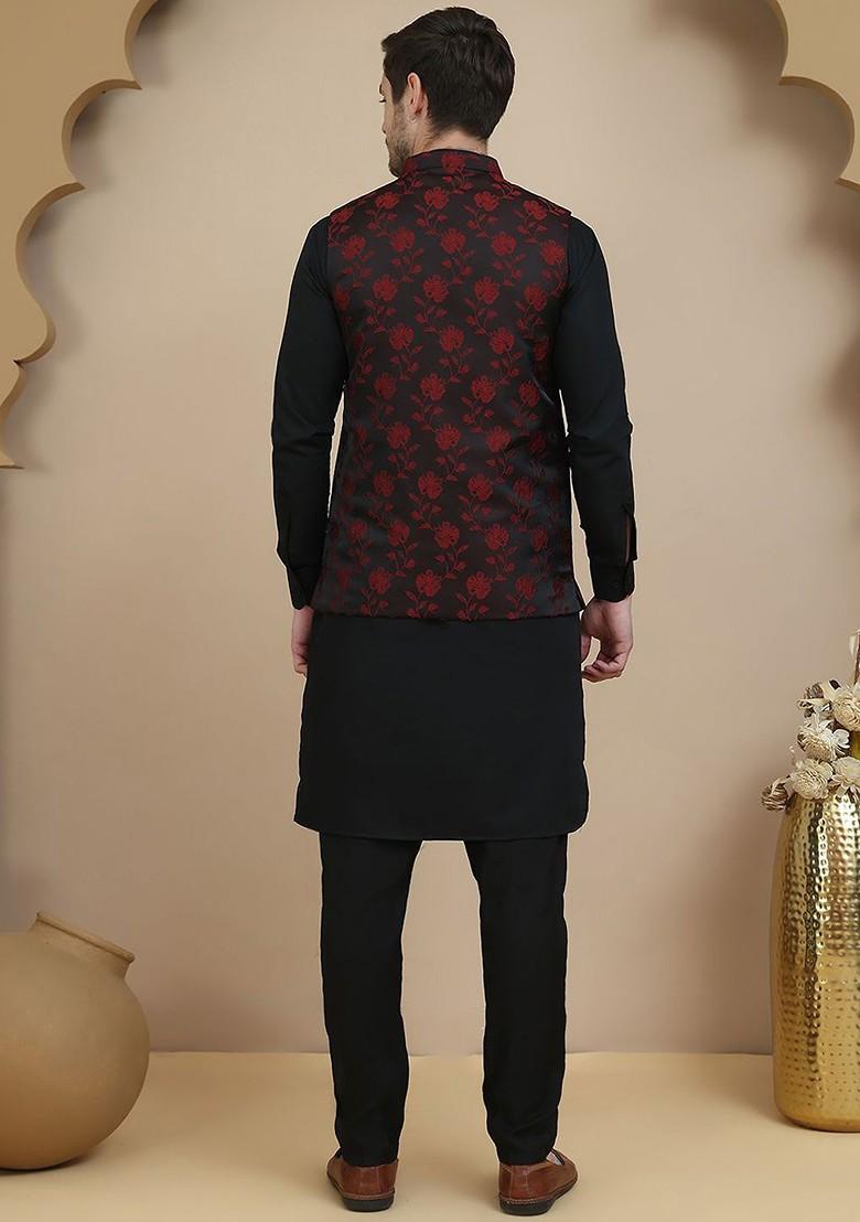 Maroon Floral Print Poly Blend Kurta Set For Men