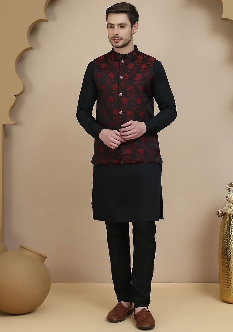 Maroon Floral Print Poly Blend Kurta Set For Men
