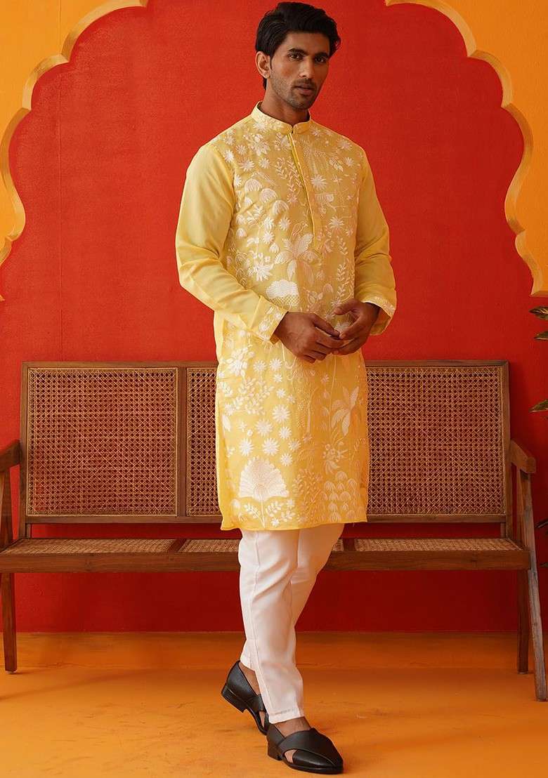 Yellow Embroidered Poly Blend Kurta Set For Men - Indya