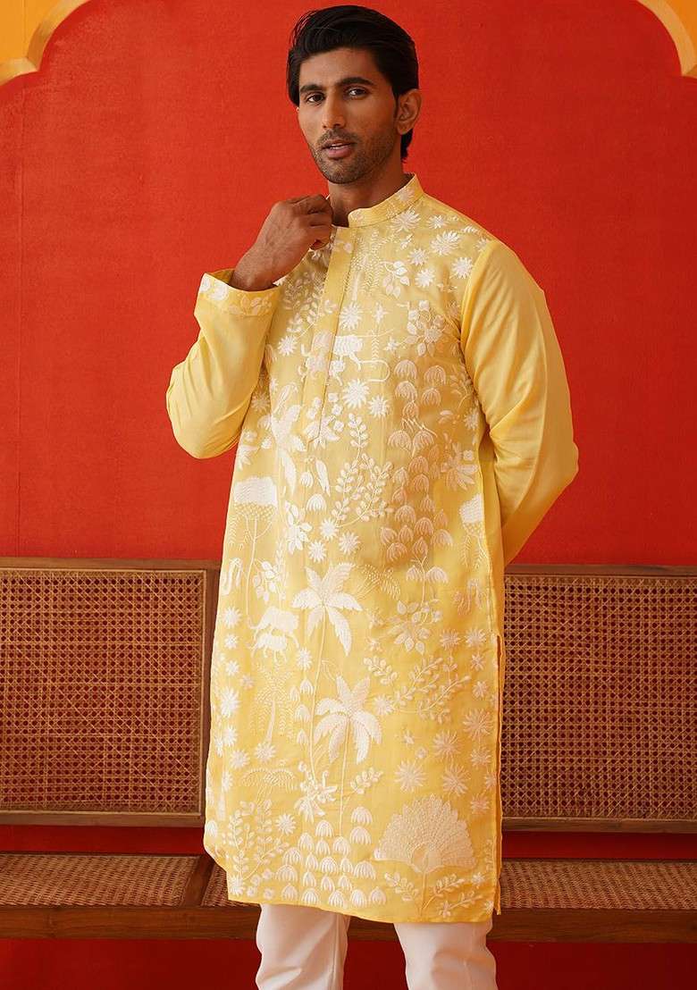 Yellow Embroidered Poly Blend Kurta Set For Men - Indya
