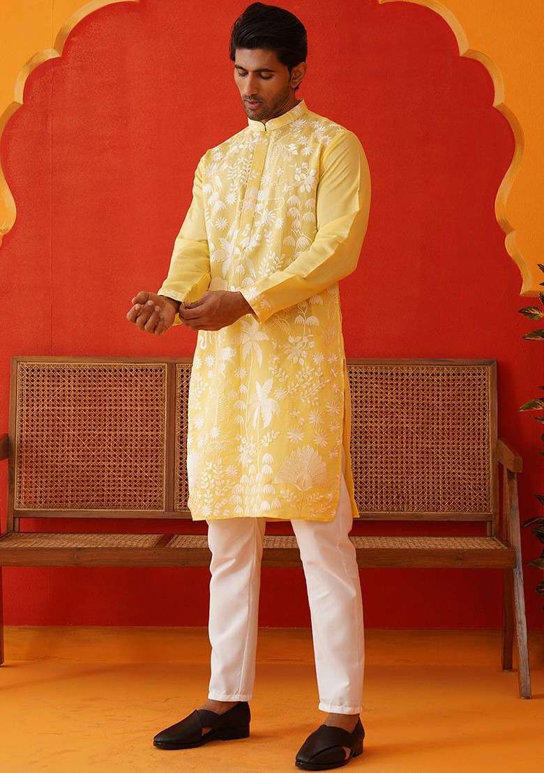 Yellow Embroidered Poly Blend Kurta Set For Men - Indya