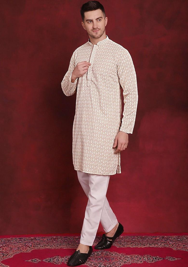 Beige Embroidered Poly Blend Kurta Set For Men