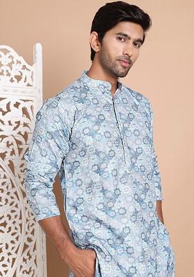Grey Printed Poly Blend Kurta Set For Men