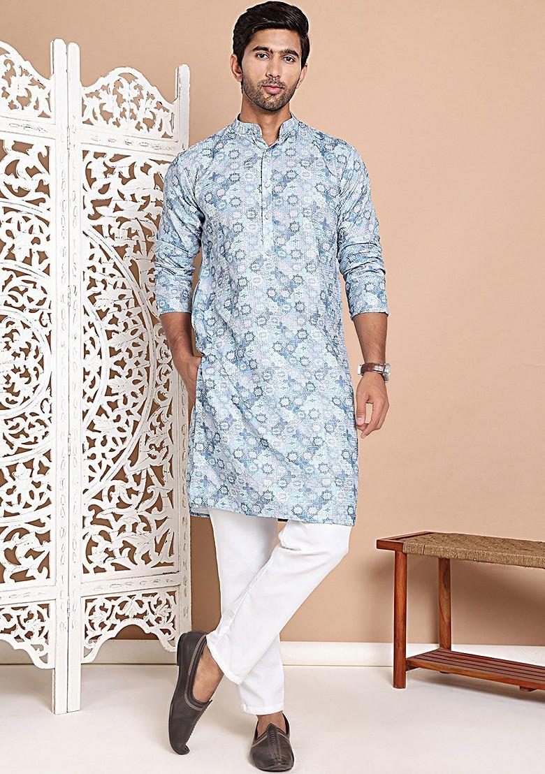 Grey Printed Poly Blend Kurta Set For Men