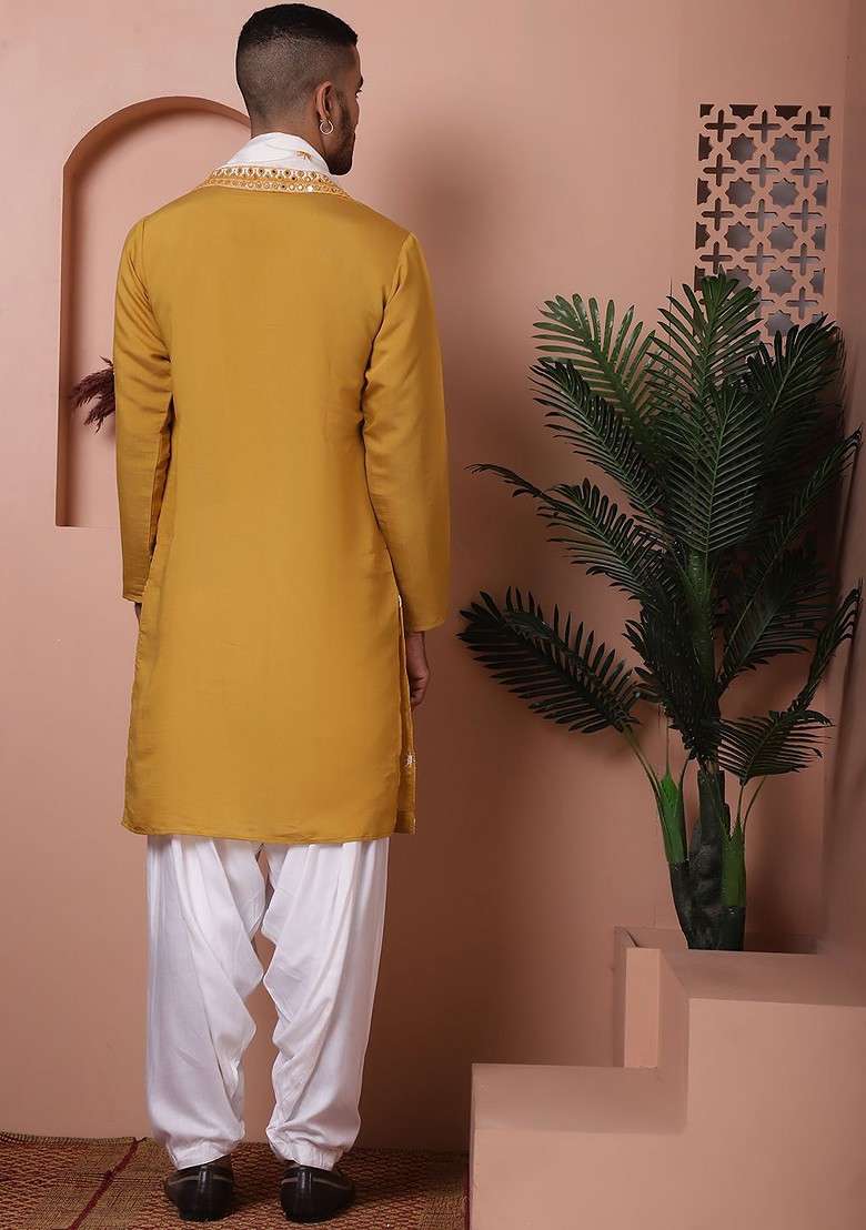 Mustard Yellow Embroidered Poly Blend Kurta Set For Men - Indya