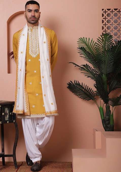 Mustard Yellow Embroidered Poly Blend Kurta Set For Men
