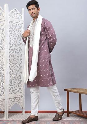 Magenta Embroidered Poly Blend Kurta Set For Men