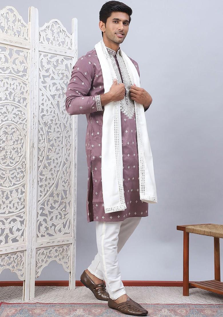 Magenta Embroidered Poly Blend Kurta Set For Men