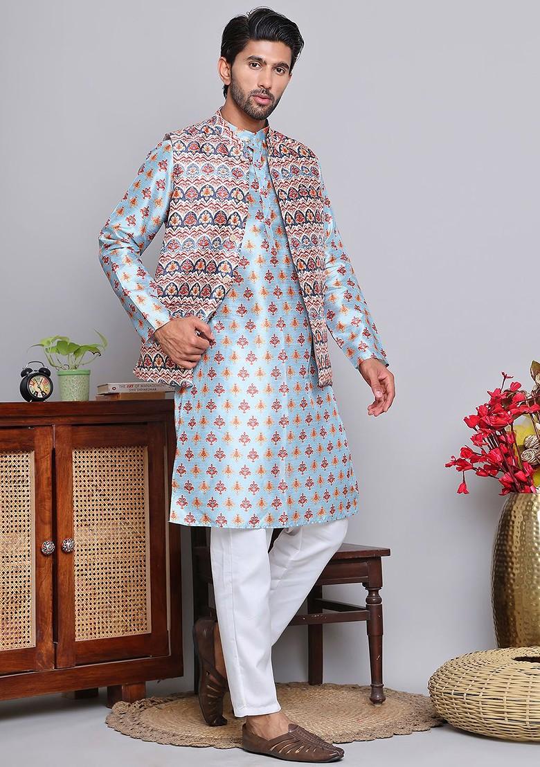 Blue Printed Poly Blend Kurta Set For Men