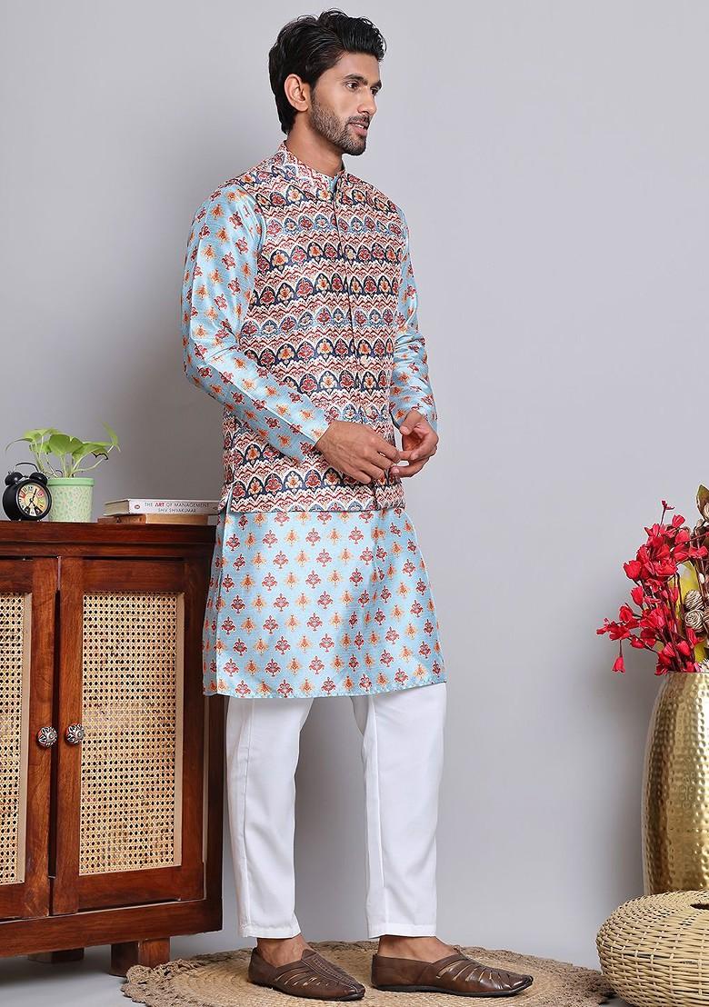 Blue Printed Poly Blend Kurta Set For Men