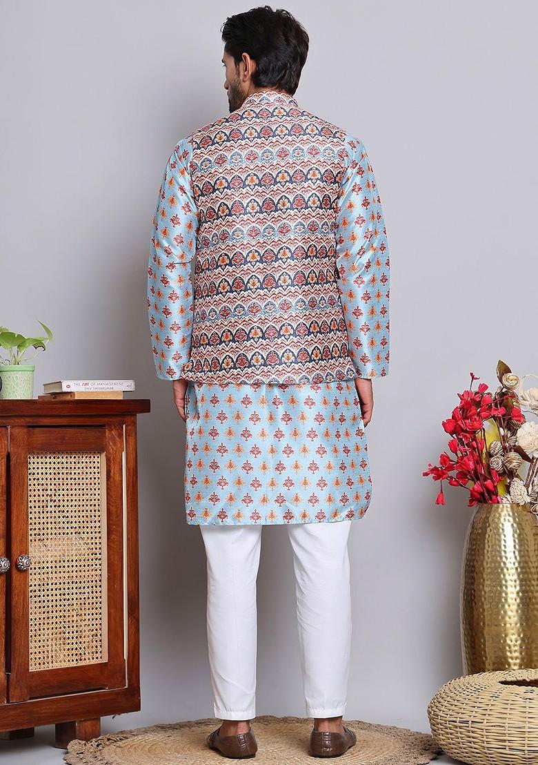 Blue Printed Poly Blend Kurta Set For Men