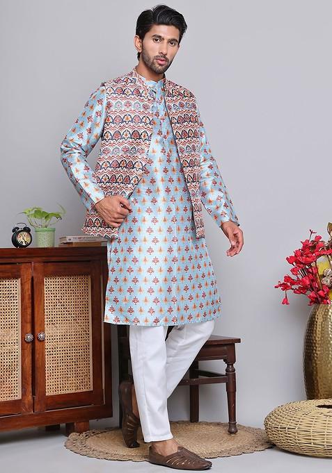Blue Printed Poly Blend Kurta Set For Men