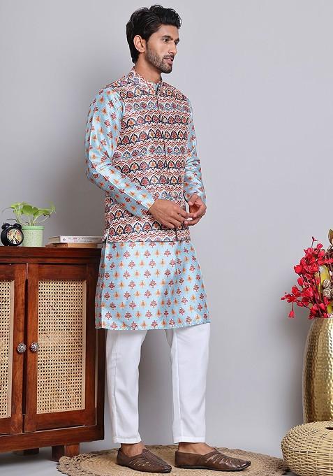 Blue Printed Poly Blend Kurta Set For Men