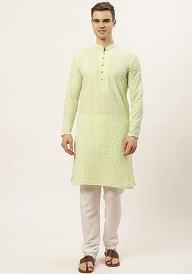 Lime Green Embroidered Poly Blend Kurta Set For Men