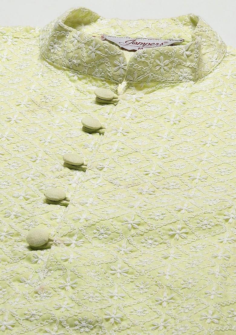 Lime Green Embroidered Poly Blend Kurta Set For Men
