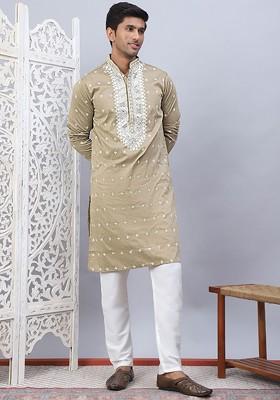Beige Embroidered Poly Blend Kurta Set For Men