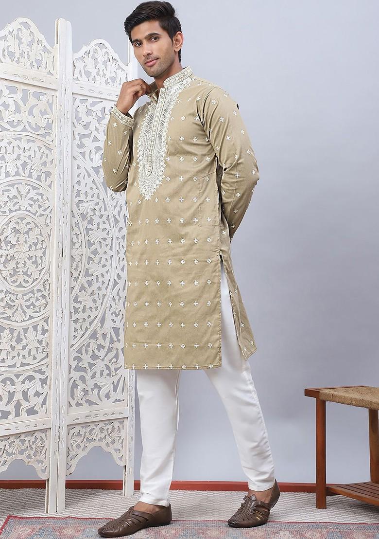 Beige Embroidered Poly Blend Kurta Set For Men