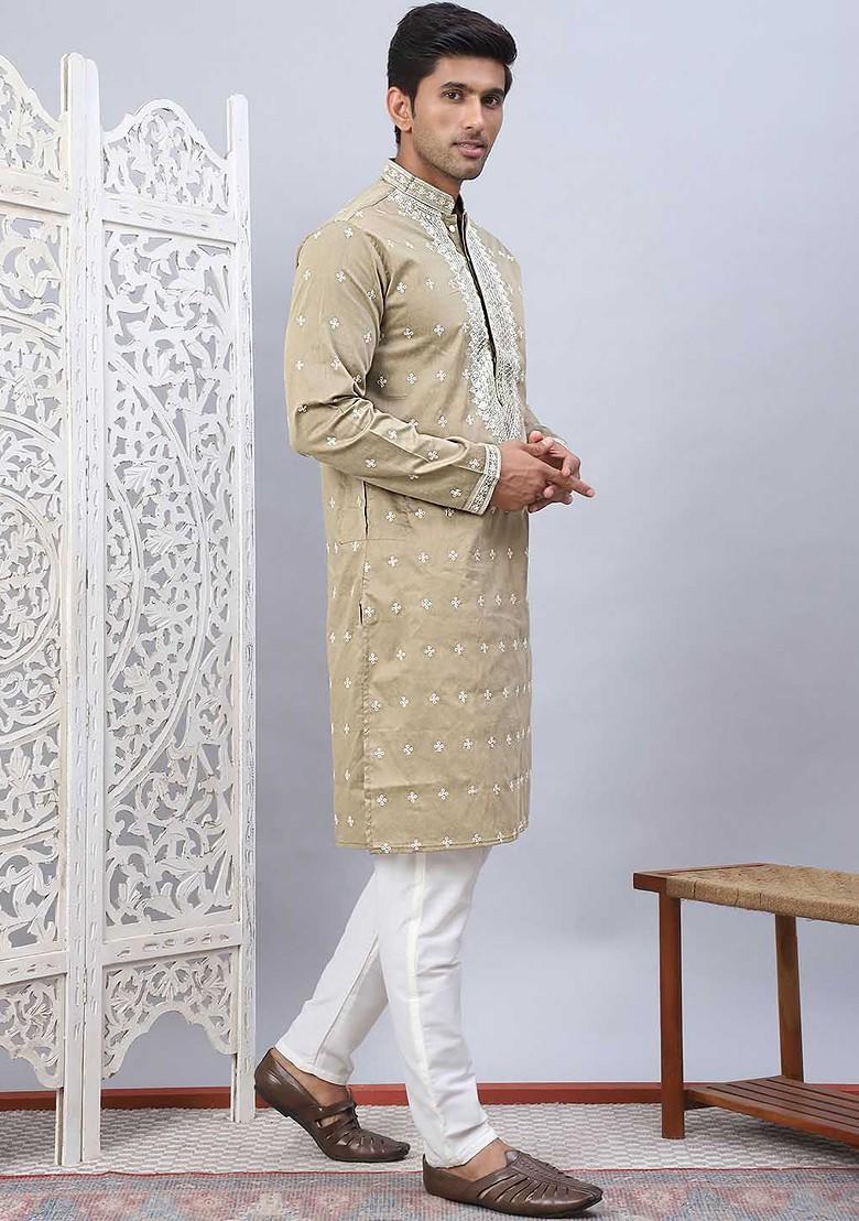 Beige Embroidered Poly Blend Kurta Set For Men