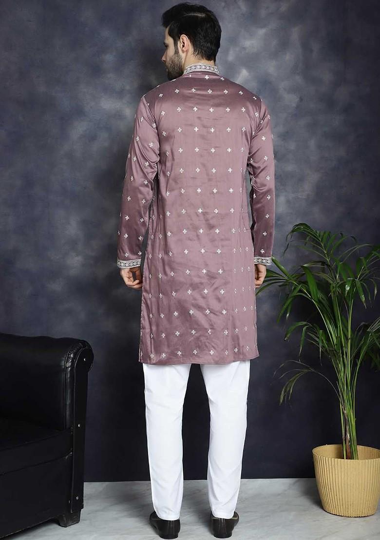 Magenta Embroidered Poly Blend Kurta Set For Men