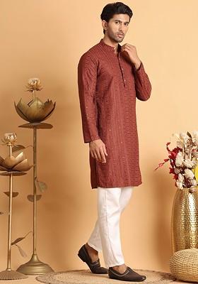 Rust Brown Embroidered Poly Blend Kurta Set For Men