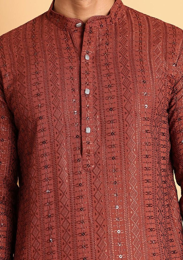 Rust Brown Embroidered Poly Blend Kurta Set For Men