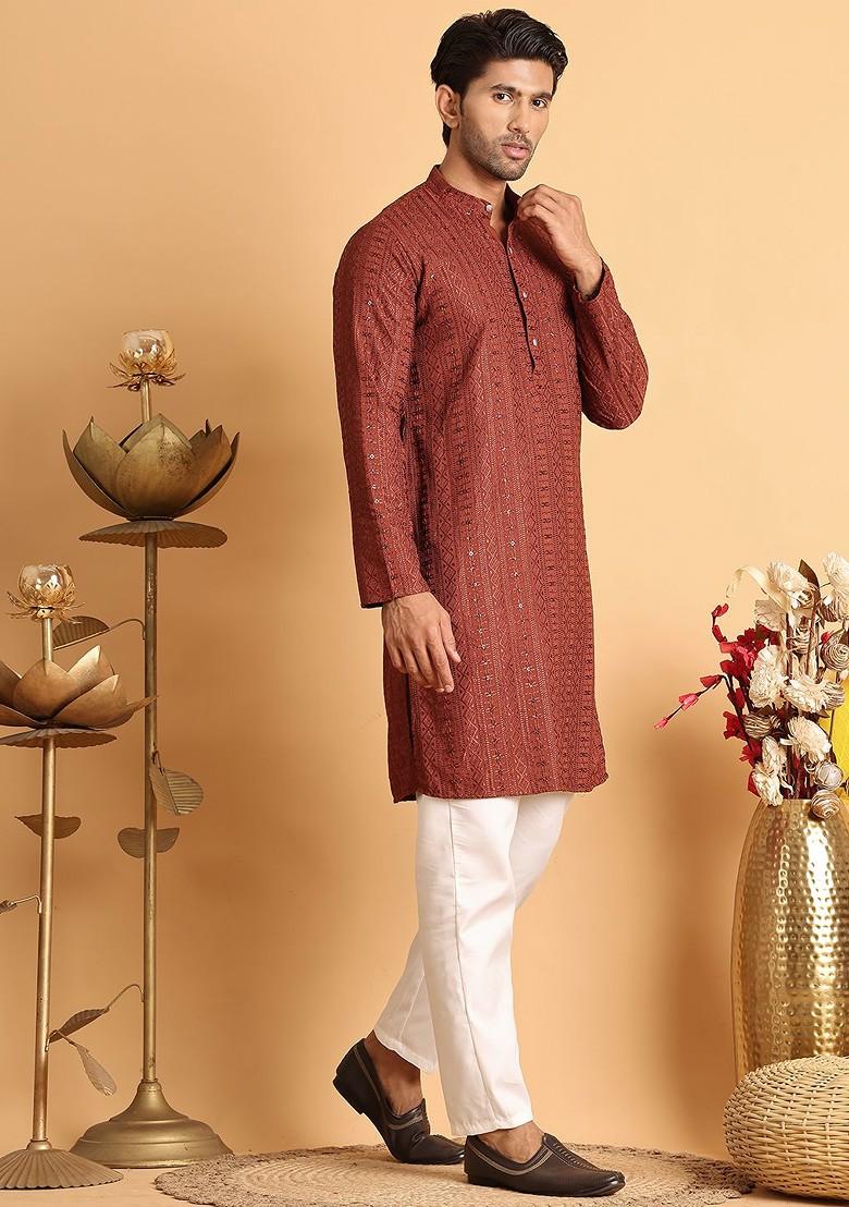 Rust Brown Embroidered Poly Blend Kurta Set For Men