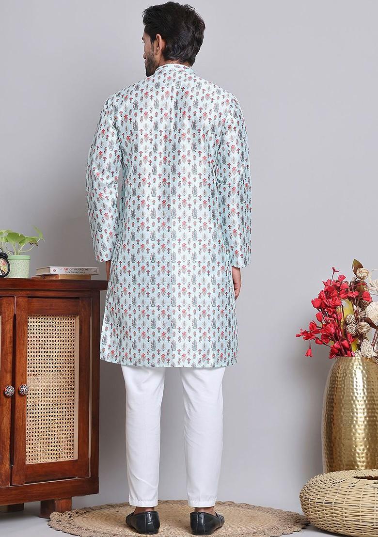 Turquoise Blue Printed Poly Blend Kurta Set For Men