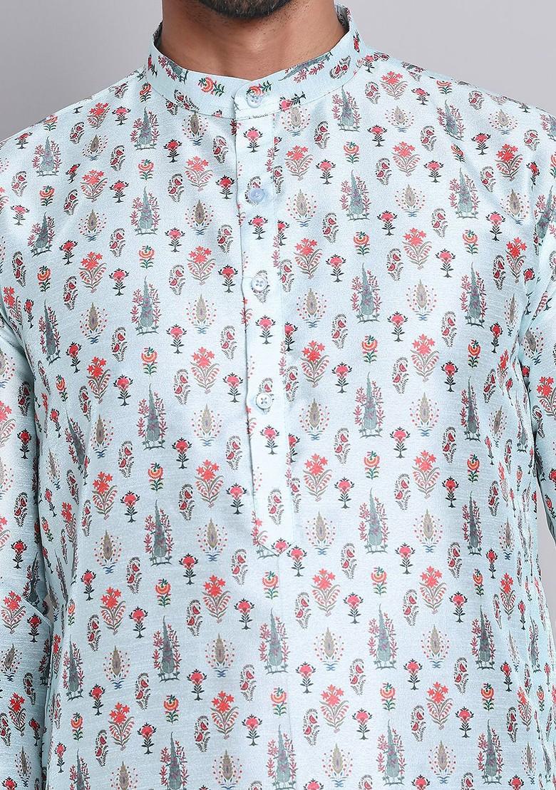 Turquoise Blue Printed Poly Blend Kurta Set For Men