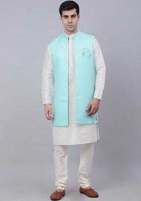 Turquoise Blue Embroidered Poly Blend Kurta Set For Men
