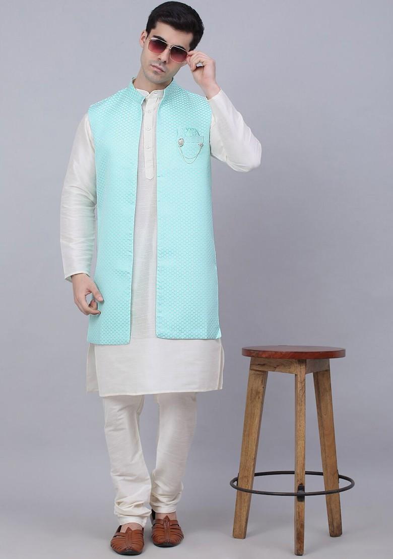 Turquoise Blue Embroidered Poly Blend Kurta Set For Men
