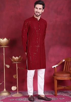 Maroon Printed Poly Blend Kurta Set For Men
