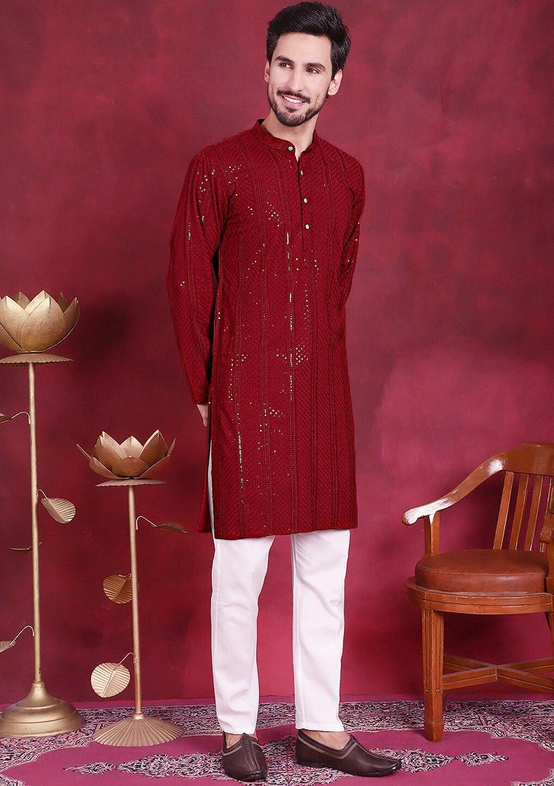 Maroon Printed Poly Blend Kurta Set For Men