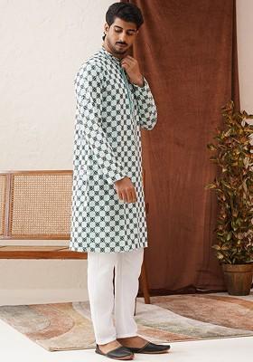 Turquoise Blue Embroidered Poly Blend Kurta Set For Men