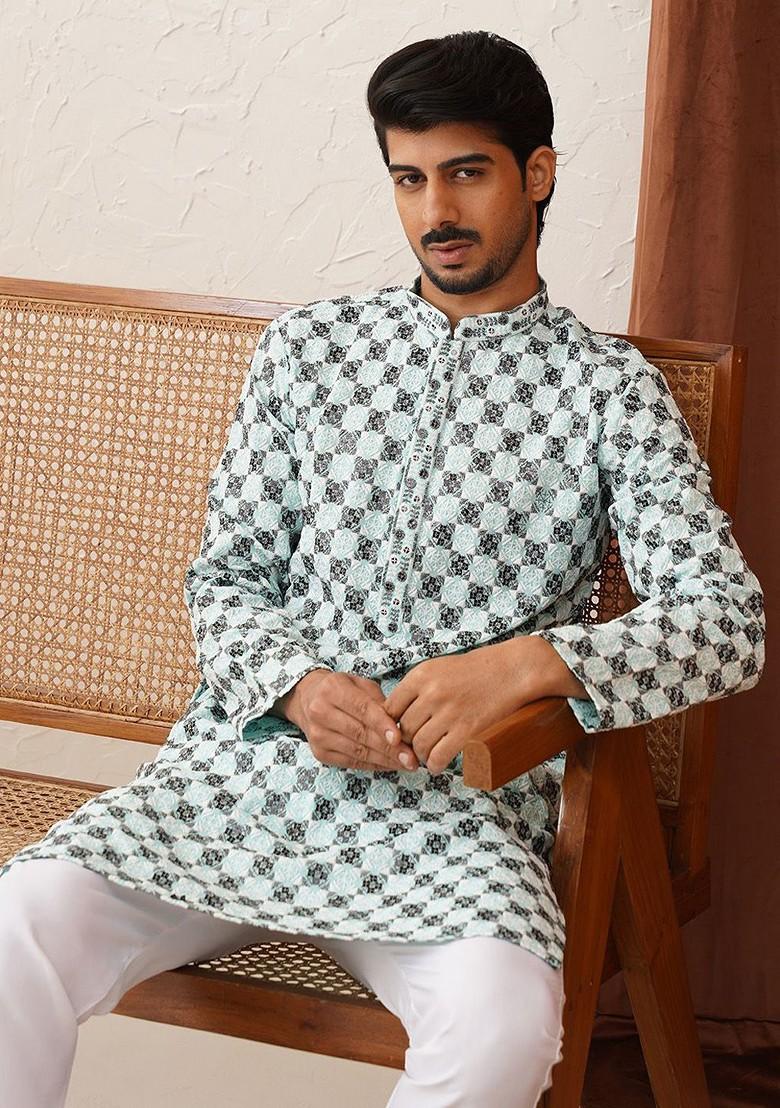 Turquoise Blue Embroidered Poly Blend Kurta Set For Men