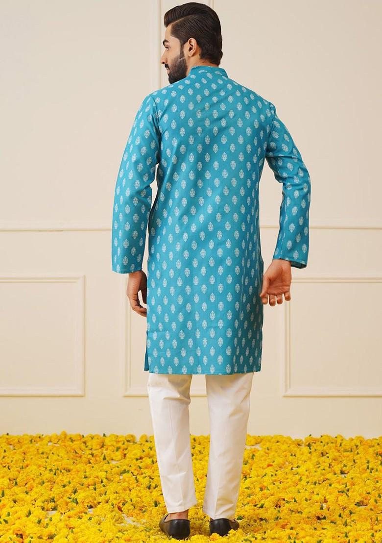 Teal Blue Printed Poly Blend Kurta Set For Men