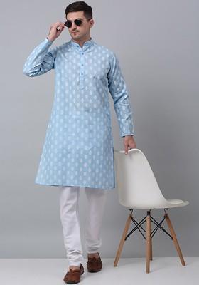 Blue Woven Design Poly Blend Kurta Set For Men