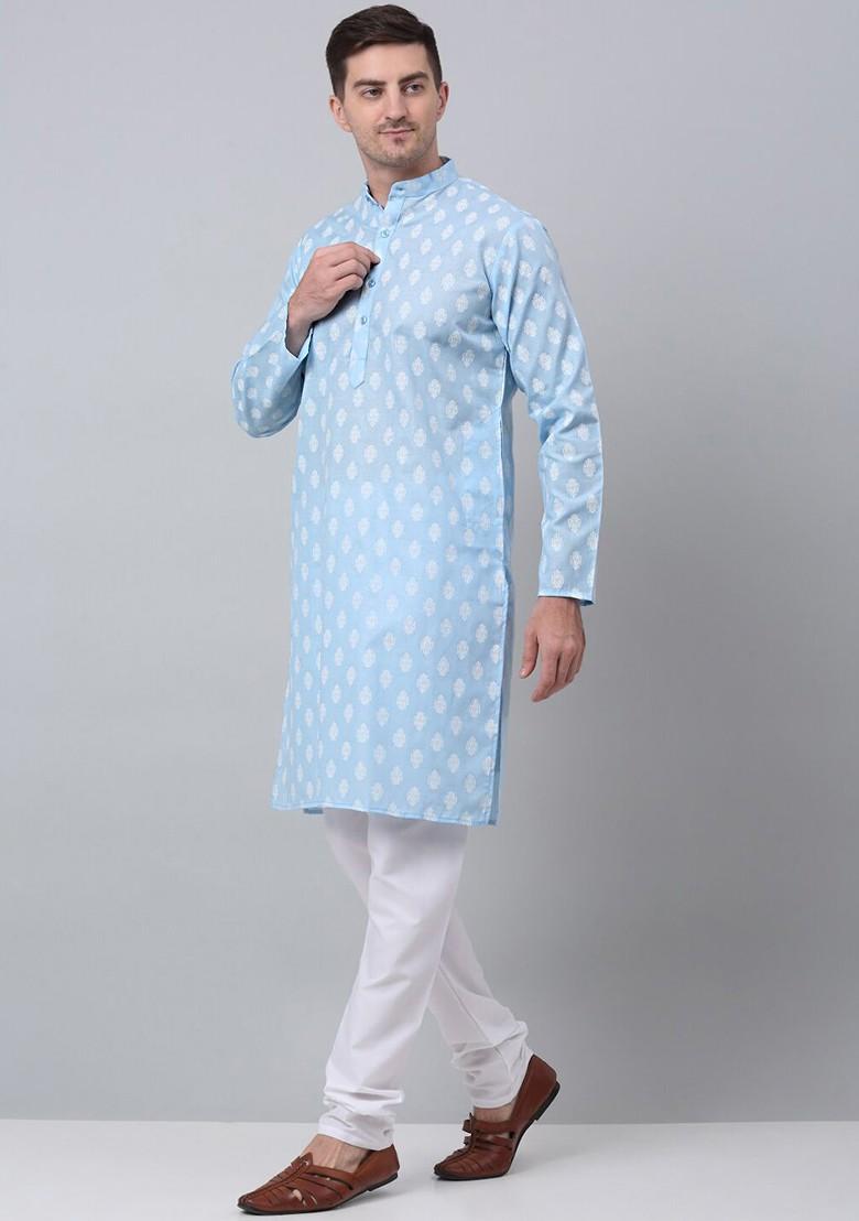 Blue Woven Design Poly Blend Kurta Set For Men