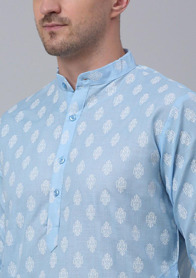 Blue Woven Design Poly Blend Kurta Set For Men