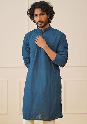 Teal Blue Embroidered Poly Blend Kurta Set For Men