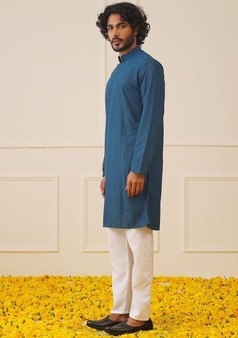 Teal Blue Embroidered Poly Blend Kurta Set For Men