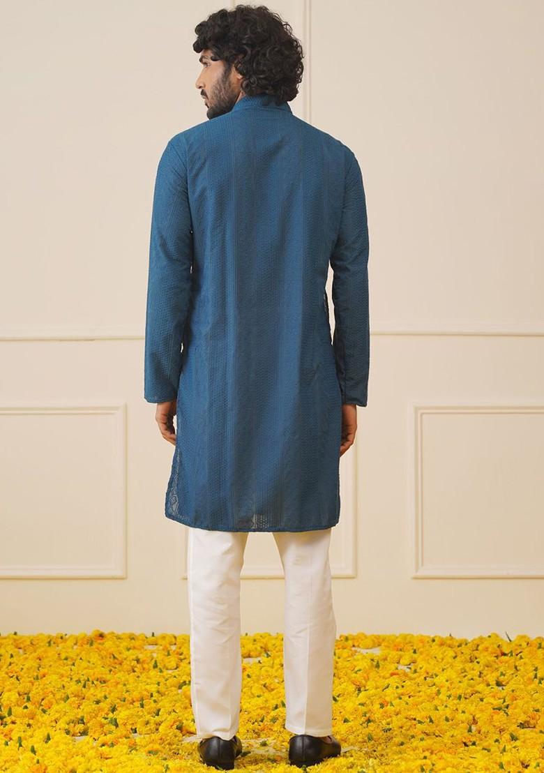 Teal Blue Embroidered Poly Blend Kurta Set For Men