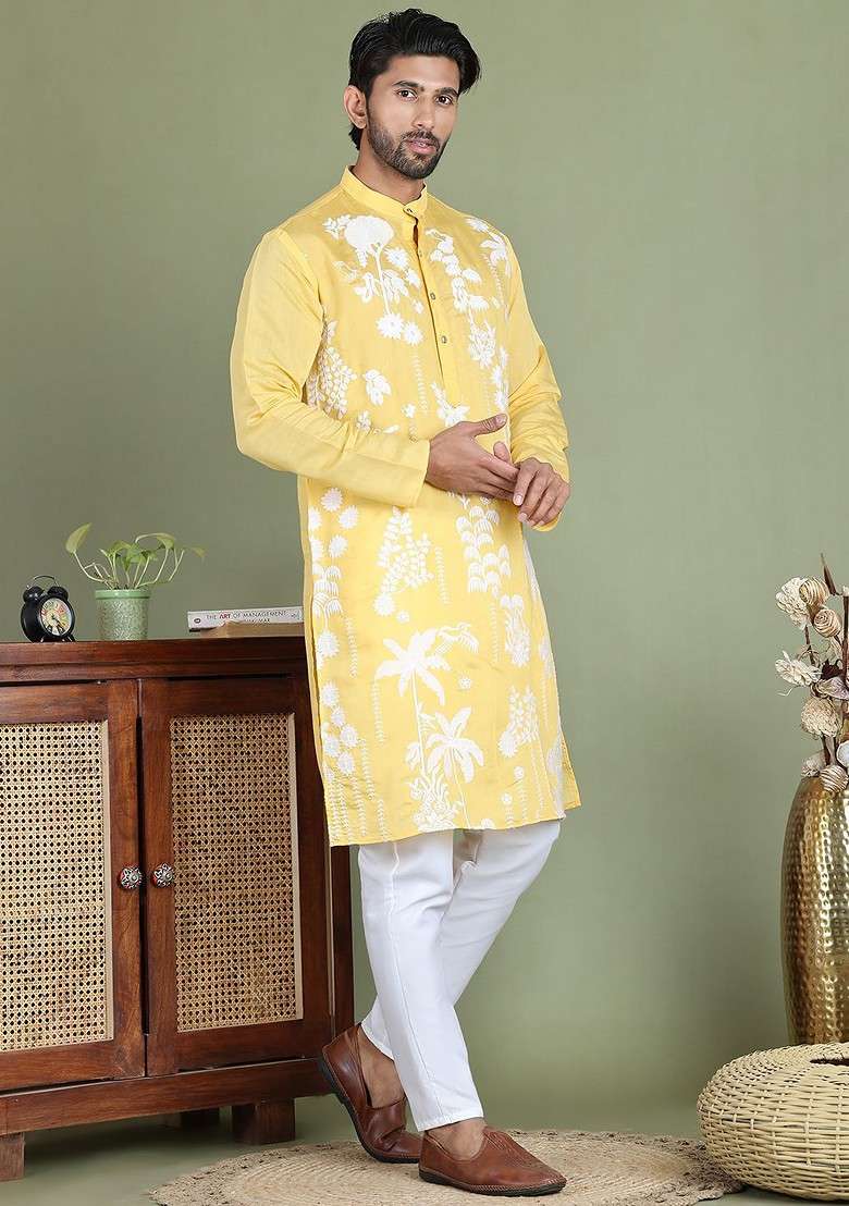 Yellow Embroidered Poly Blend Kurta Set For Men - Indya