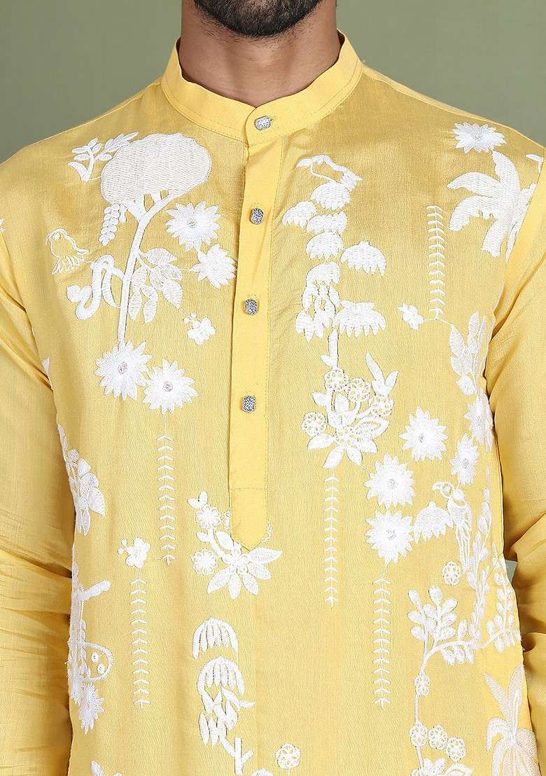 Yellow Embroidered Poly Blend Kurta Set For Men - Indya