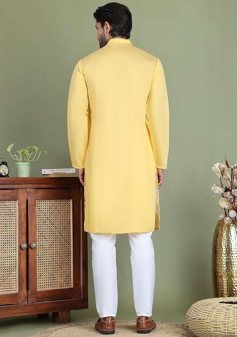 Yellow Embroidered Poly Blend Kurta Set For Men - Indya