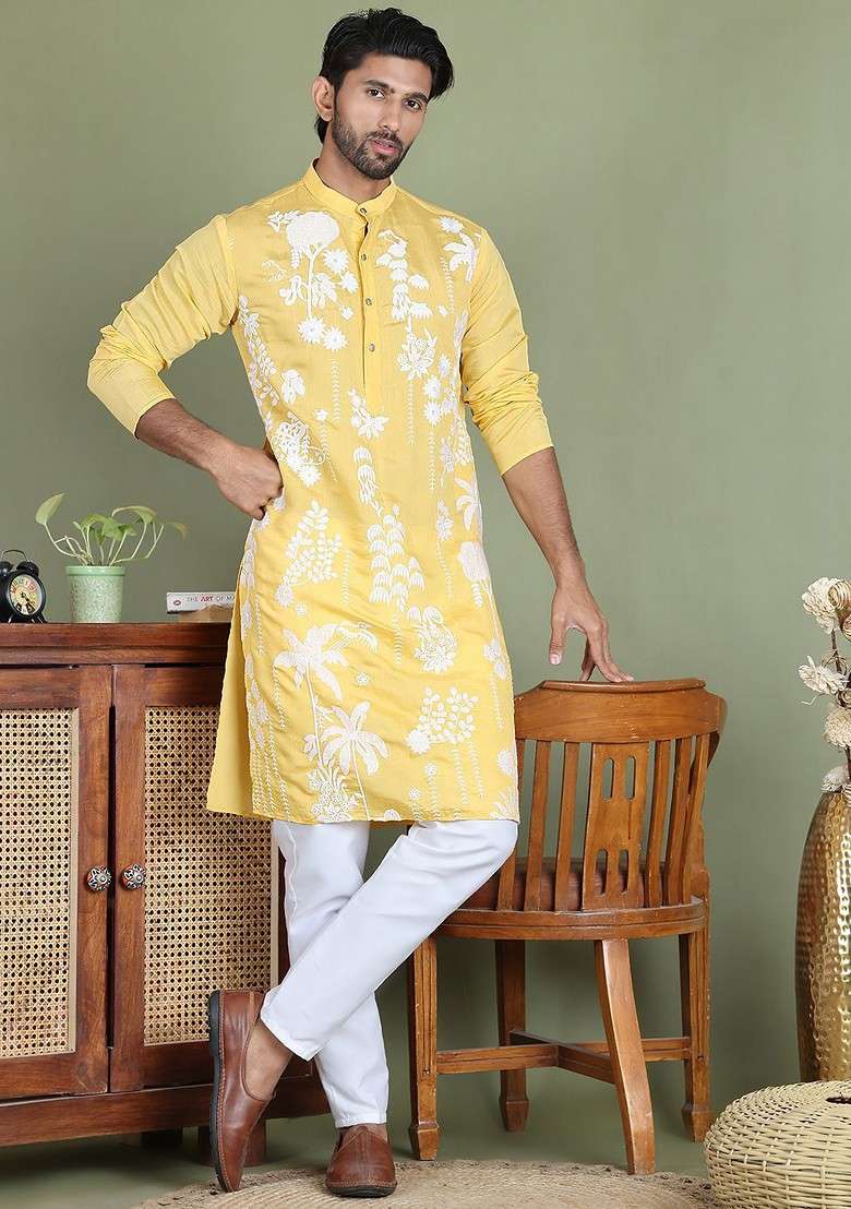 Yellow Embroidered Poly Blend Kurta Set For Men - Indya