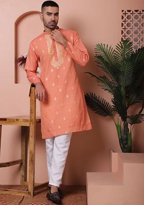 Peach Printed Poly Blend Kurta Set For Men