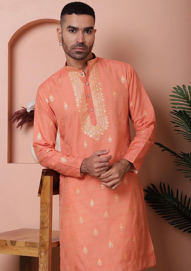 Peach Printed Poly Blend Kurta Set For Men