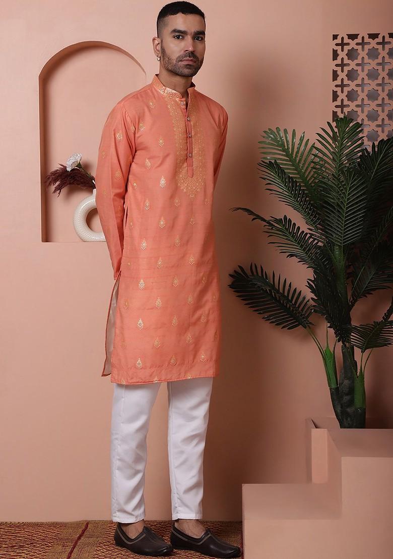 Peach Printed Poly Blend Kurta Set For Men